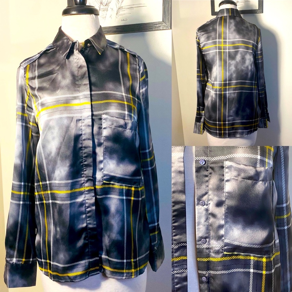 Satiny Button down blouse. Gray with yellow and white stripes.